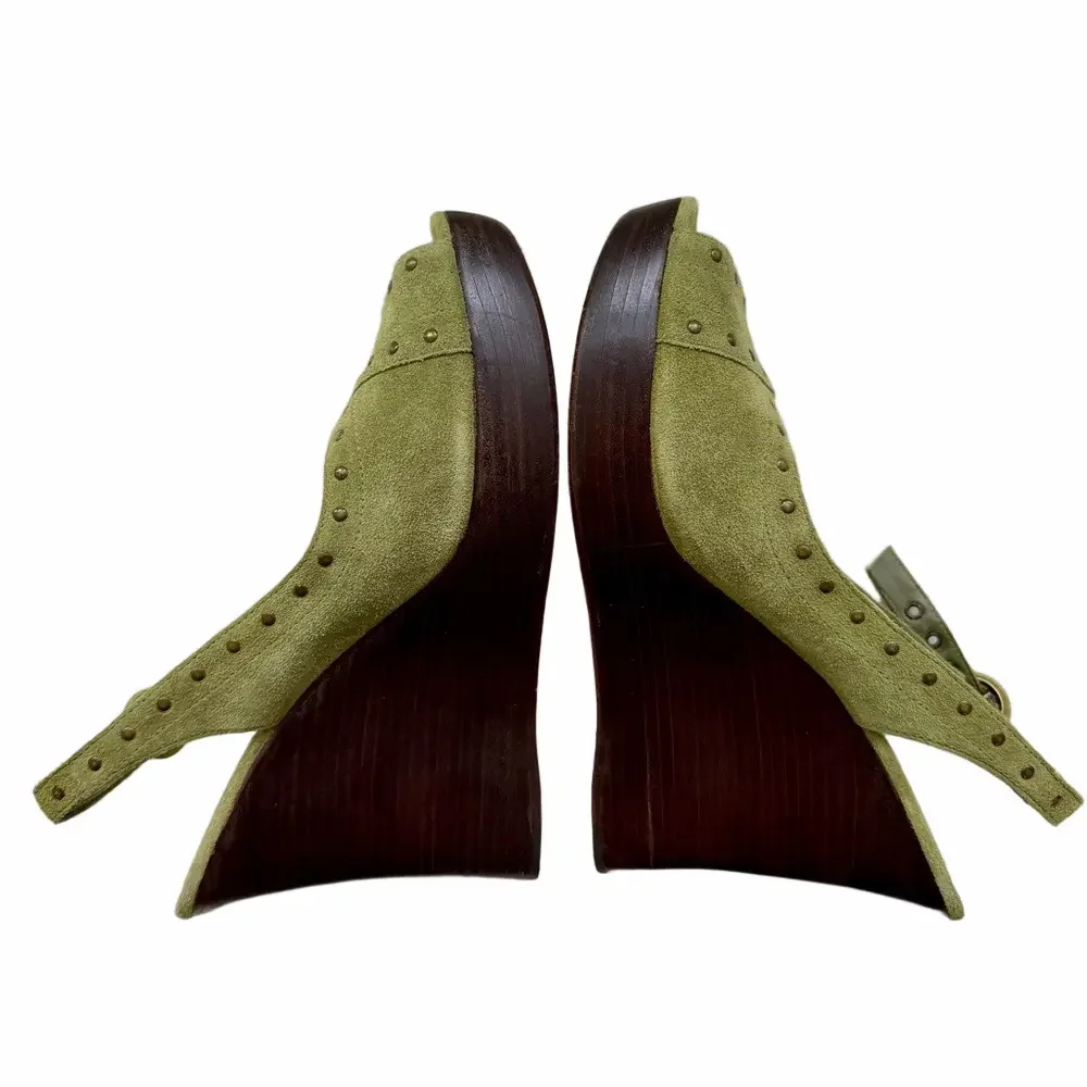Vintage Anne Klein NY Suede Size 10 Olive Green Studded Wedge High Heel Sandals
